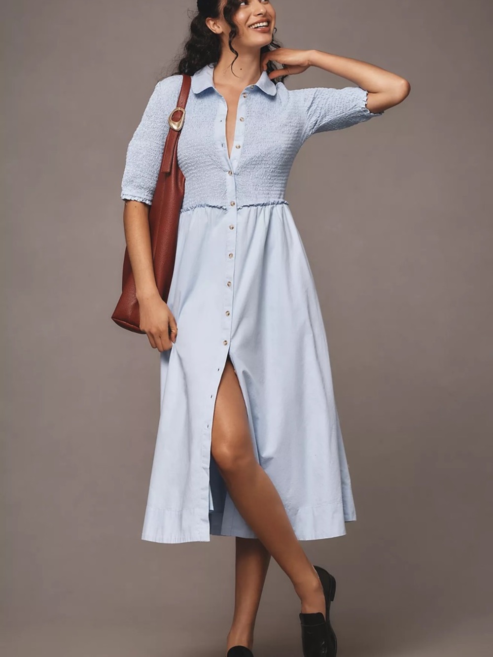 Maeve Light Blue smocked Bodice Midi Dress